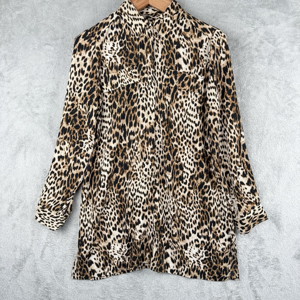 Chico's Leopard Print Blouse Womens S Button Front Stretch Hidden Button Pockets